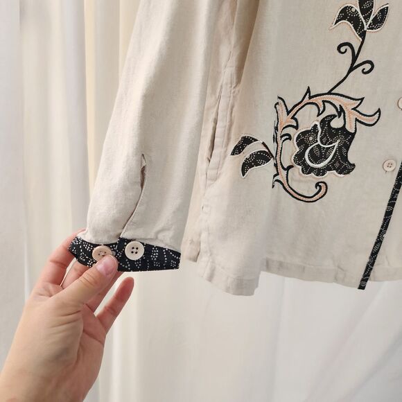 Koos Of Course Womens Linen Jacket  L Neutral Tan Beige Lightweight Embroidered - Picture 5 of 13